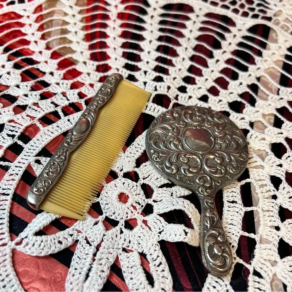 Antique small hand mirror and comb‎ set